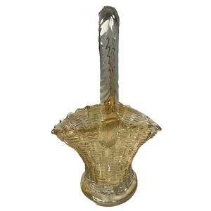 Vintage Peach Mid-Century Small Carnival Glass Weave Handled Basket